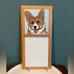 Welsh Corgi Dog - Hand Painted Tile by Pumpkin Tile Framed With Whiteboard Hooks